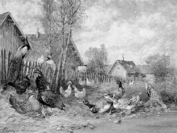 Federvieh Am Teichufer Oil Painting by Max Josef Haenger Sr.