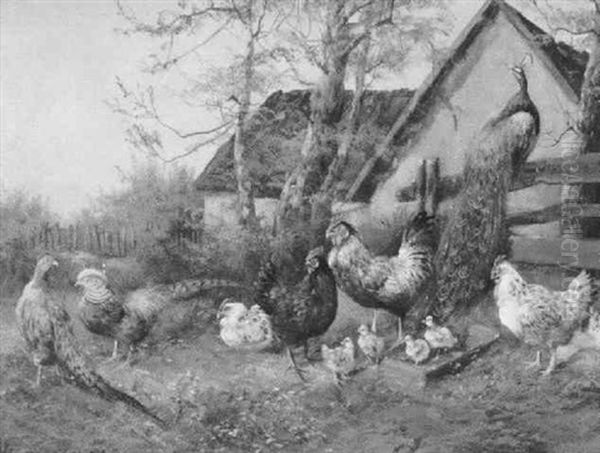 Huhnerhof Mit Pfau Vor Einem Bauernhaus Oil Painting by Max Josef Haenger Sr.