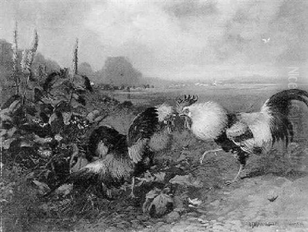 Zwei Kampfhahne Vor Wiesenlandschaft Oil Painting by Max Josef Haenger Sr.