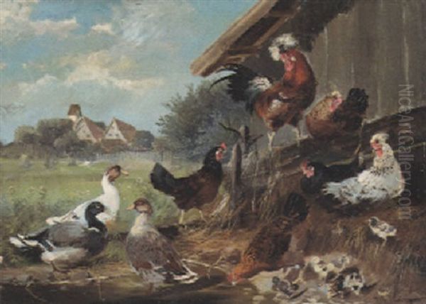 Huhnerhof Oil Painting by Max Josef Haenger Sr.