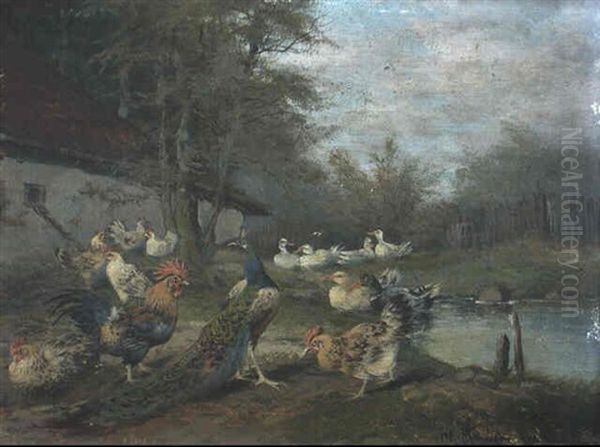 Huhner - Und Entenfamilie An Einem Kleinen Weiher Oil Painting by Max Josef Haenger Sr.