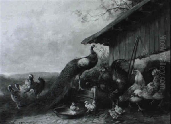 Huhnerhof Mit Pfau Oil Painting by Max Josef Haenger Sr.