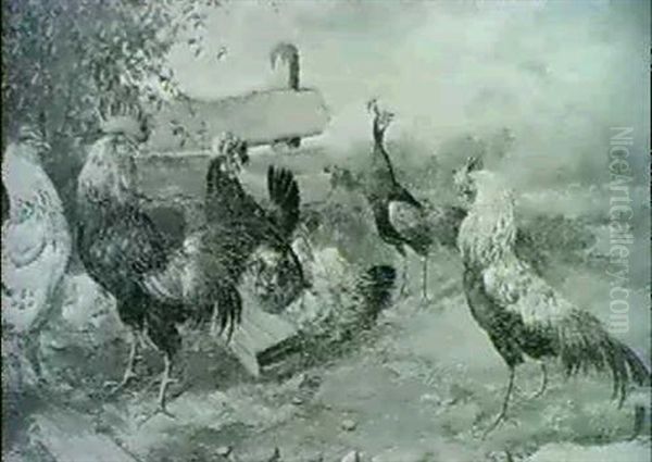 Poultry In A Landscape Oil Painting by Max Josef Haenger Sr.