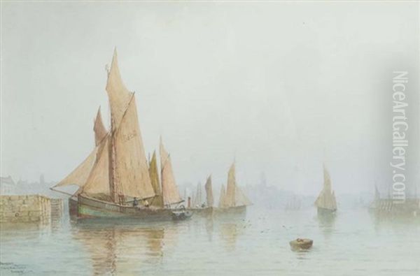 Fishing Boats In Harbor, Boulogne Oil Painting by Charles E. Hannaford