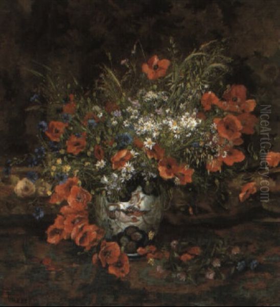 Poppies And Other Flowers In A Japanese Imari Vase Oil Painting by Theodore Hannon