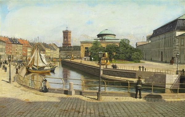 View Across The Canal Towards Hojbro Plads Oil Painting by Adolf Heinrich Claus Hansen