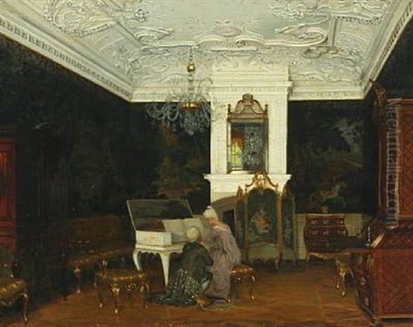 Interior With Courting Couple At Clausholm Castle Oil Painting by Adolf Heinrich Claus Hansen