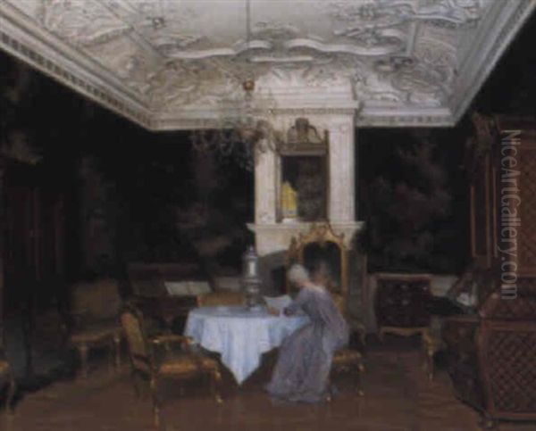 A Lady In An Interior, Fredensborg Oil Painting by Adolf Heinrich Claus Hansen