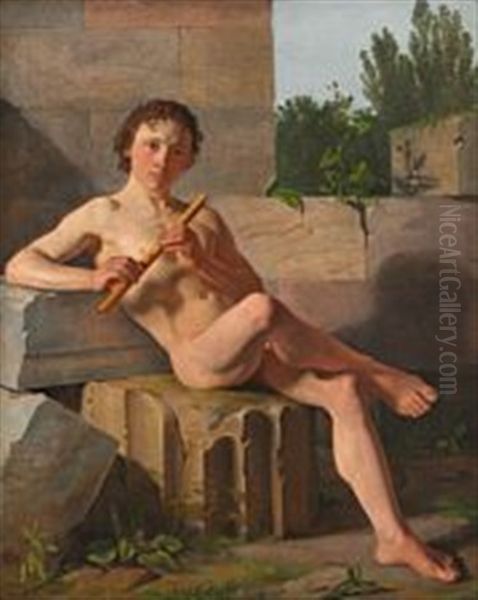 Seated Flute-playing Young Man Oil Painting by Constantin (Carl Christian Constantin) Hansen