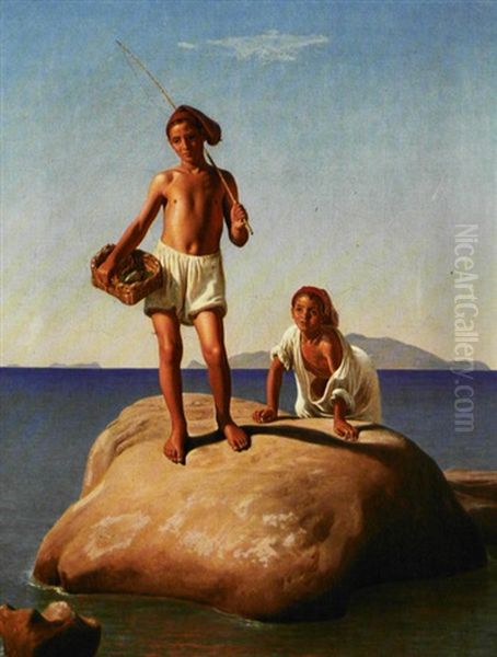 To Neapolitanske Fiskerdrenge Oil Painting by Constantin Hansen