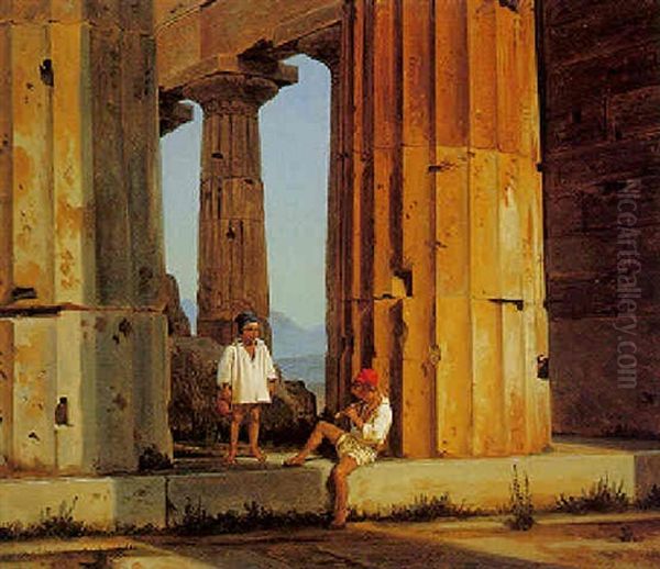 The Temple Of Poseidon, Paestum Oil Painting by Constantin Hansen