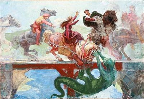 The Beautiful Maiden Rides Over The Blind-bridge (motif From A Danish Folk Song) Oil Painting by Hans Nikolaj Hansen