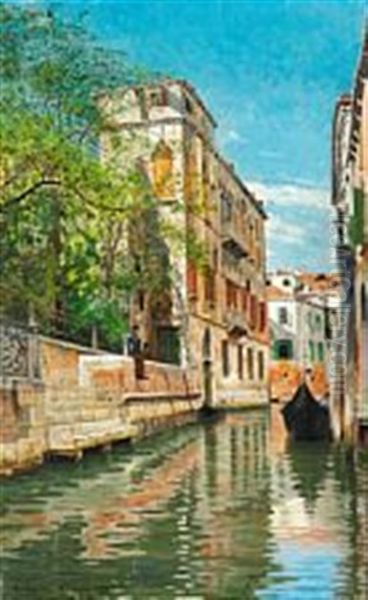 A Venetian Canal Oil Painting by Josef Theodor Hansen