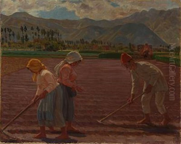 Field Workers At Brescia Near Lago Di Garda Oil Painting by Peter Marius Hansen