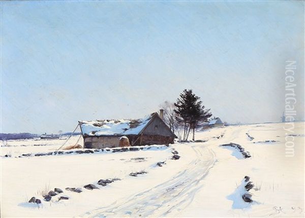 Snow-covered Landscape With A Farm Oil Painting by Sigvard Marius Hansen