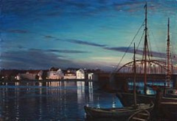 Sommernat Ved Alssund. Chr. X. Bro Oil Painting by Sigvard Hansen