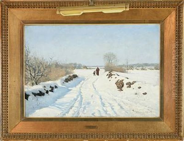 Winter Landscape With Mother And Child On The Road Oil Painting by Sigvard Marius Hansen