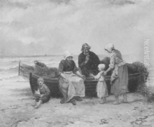 Fisherfolk Resting By Their Boat Oil Painting by Georges Jean Marie Haquette