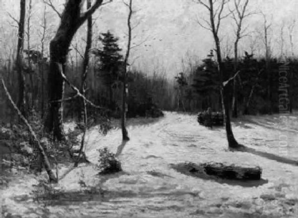 Winter. Verschneiter Waldweg Mit Reisigsammlerin Vor Einem Holzstos Oil Painting by Ernst Hardt