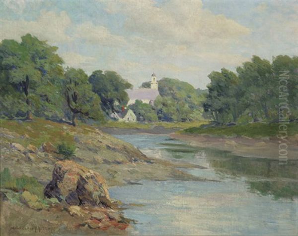 New England Church Along The River Oil Painting by Melbourne H. Hardwick