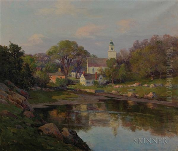 Quiet New England Village And Cove Oil Painting by Melbourne H. Hardwick