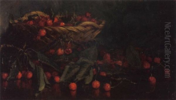 Stilleben Mit Kirschenzweigen Und Kirschen In Flechtkorb Oil Painting by Ernest Victor Hareux