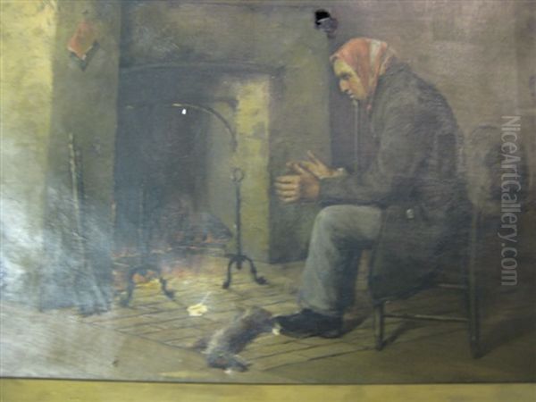 Interior Scene With Man Seated In Front Of A Hearth With A Dead Rabbit At His Feet Oil Painting by Paul Harney Jr.
