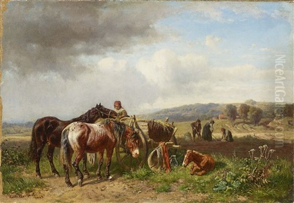 Farmers At Work Oil Painting by Ludwig Hartmann