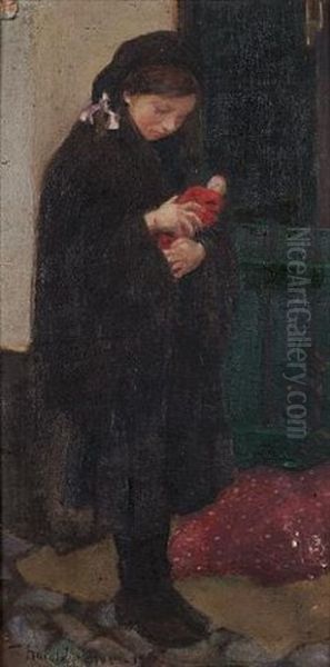 Portrait Of A Girl Holding A Doll Oil Painting by Harold Harvey