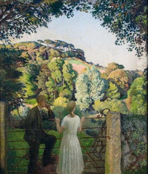 Midge Bruford And Her Fiance At Chywoone Hill, Newlyn Oil Painting by Harold Harvey