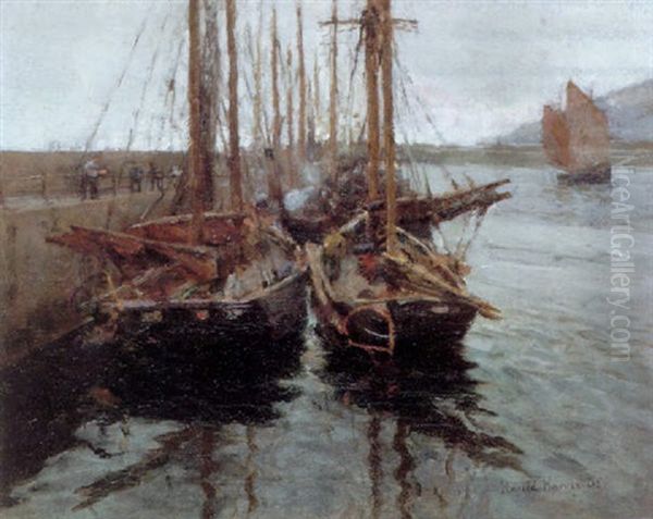Penzance Fishing Boats In Newlyn Harbour Oil Painting by Harold Harvey