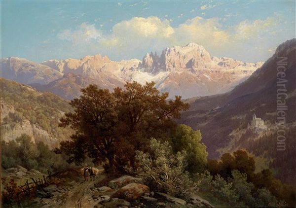 Blick Auf Den Rosengarten, Im Vordergrund Die Burg Karneid Bei Bozen Oil Painting by Carl Hasch