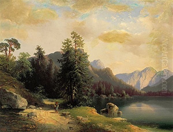 Osterreichische Alpenlandschaft Mit Gebirgssee Und Figurenstaffage An Einem Prachtvollen Sommertag Oil Painting by Carl Hasch