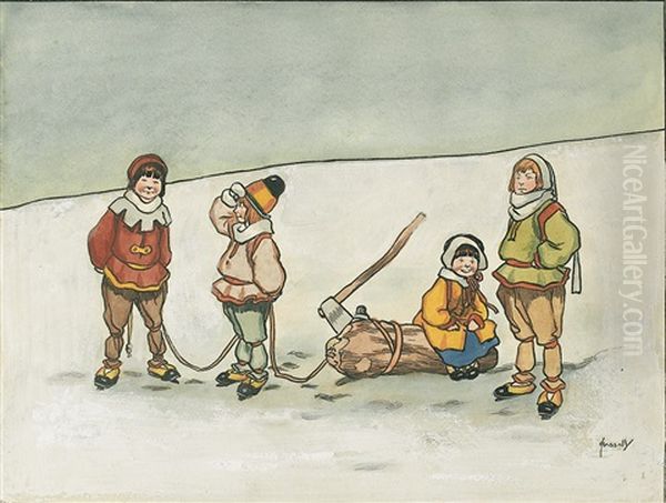 Four Children In Winter Oil Painting by John Hassall