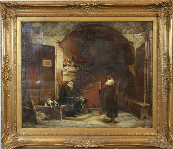 Italienisches Gewolbe Mit Einem Schlafenden, Offentlichen Schreiber Und Einer Katzenfamilie, Von Madchen Beobachtet Oil Painting by Johann Heinrich Hasselhorst