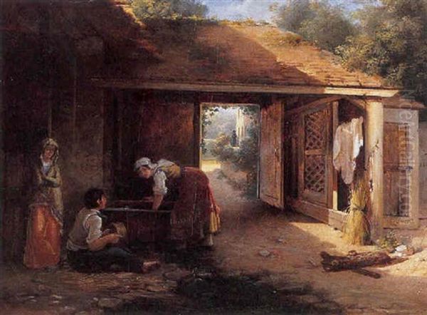 Respos De Paysans Pres De L'abreuvoir Oil Painting by Hortense Haudebourt Lescot
