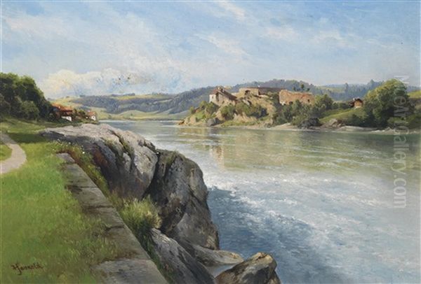Burgruine Am Flusufer Oil Painting by Carl Haunold