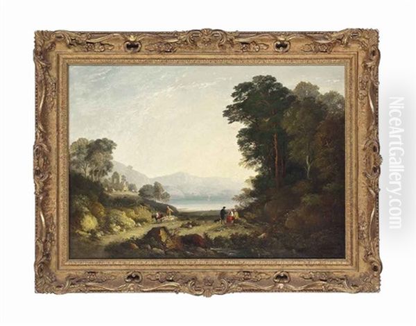 A Wooded Mountainous Landscape, With Shepherds And Their Flock By A Lake Oil Painting by William Havell