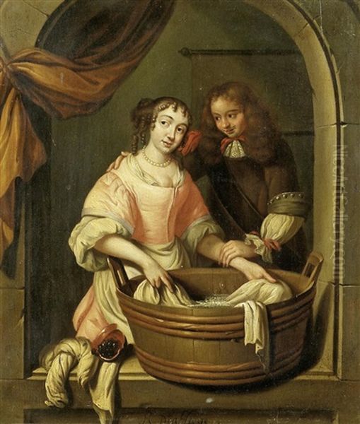 Paar Mit Waschtrog In Einer Fensternische Oil Painting by Reinier De La Haye