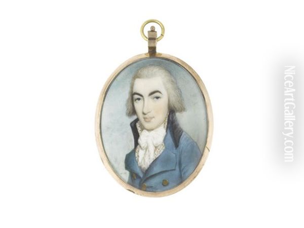 A Gentleman, Wearing Blue Coat And Embroidered Waistcoat, White Frilled Chemise And Tied Cravat, His Hair Powdered Oil Painting by Thomas Hazlehurst