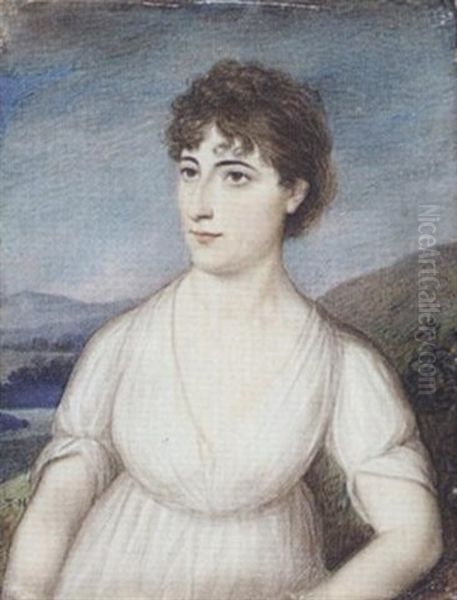 A Lady Wearing White Dress, With Landscape Background Of Mountains And A River Oil Painting by Thomas Hazlehurst