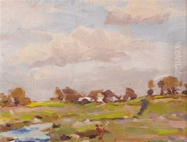 Cottage And River Flats, Near Dublin Oil Painting by Michael Healy