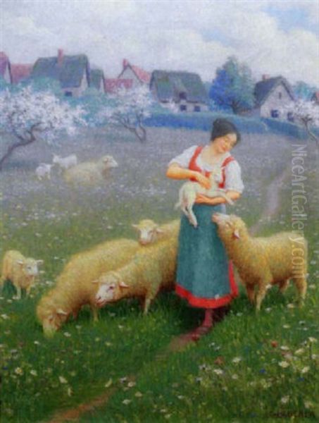 Shepherdess With Flock In Spring Landscape Oil Painting by Charles Heberer