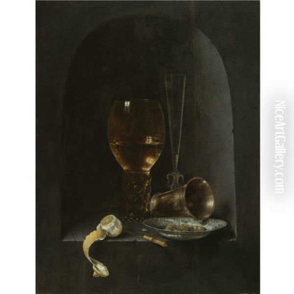 Still Life With A Roemer, A Fluted Wine-glass, A Silver Goblet, A Blue-and-white Porcelain Bowl Filled With Green Olives, A Partly Peeled Lemon And A Knife, All Arranged Within A Stone Niche Oil Painting by Willem Claesz Heda