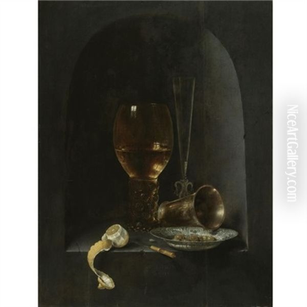 Still Life With A Roemer, A Fluted Wine-glass, A Silver Goblet, A Blue-and-white Porcelain Bowl Filled With Green Olives, A Partly Peeled Lemon And A Knife, All Arranged Within A Stone Niche Oil Painting by Willem Claesz Heda