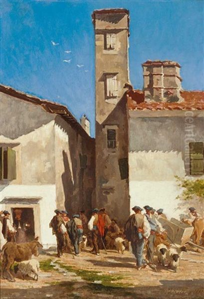 Viehmarkt In Einem Sudlichen Stadtchen Oil Painting by Pierre-Edmond-Alexandre Hedouin
