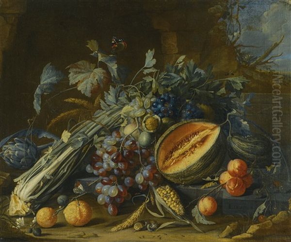 Still Life Of Fruit, Including A Melon, Grapes, Oranges And Peaches, Together With An Artichoke, Celery, Walnuts And Corn, Arranged On A Ledge With Butterflies And Snails Before A Stone Grotto In A Landscape Oil Painting by Cornelis De Heem