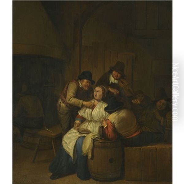 A Tavern Interior With Two Peasants Making Advances On A Maid, With Figures Making Music Beyond Oil Painting by Egbert Van Heemskerck