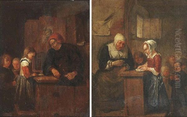 Village School Room With Pupils Reading Before Their Teacher Oil Painting by Egbert Van Heemskerck
