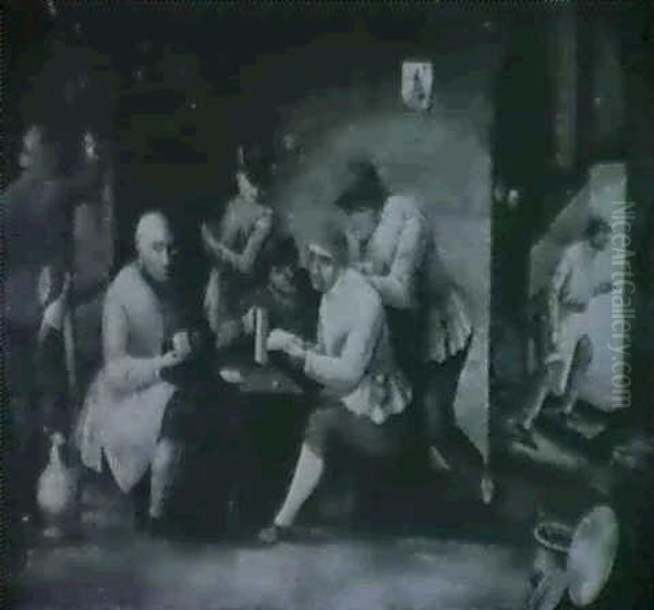 Boors Playing Cards In A Travern Interior Oil Painting by Egbert Van Heemskerck